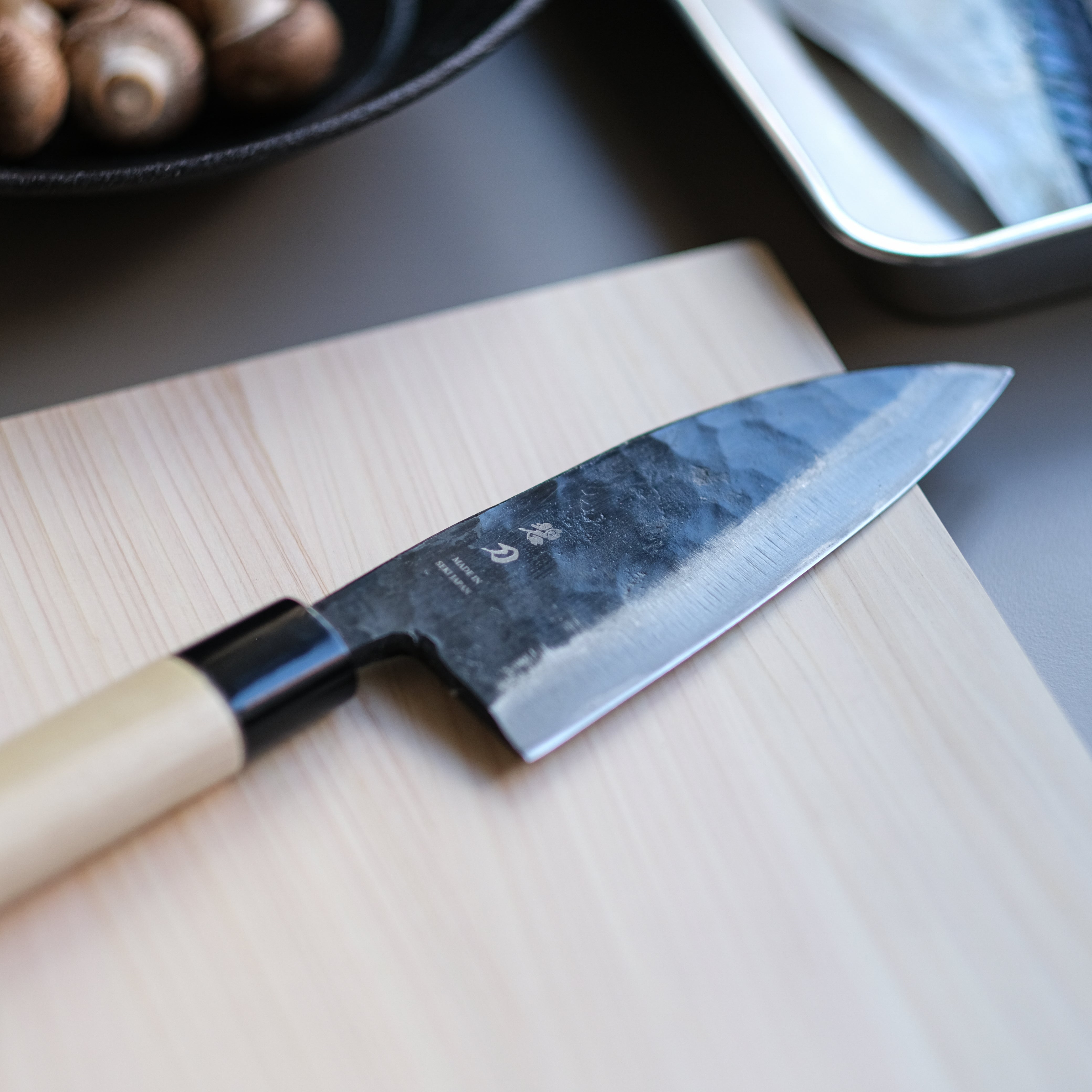aoba Carbon Steel Kurouchi Deba Knife Magnolia Handle