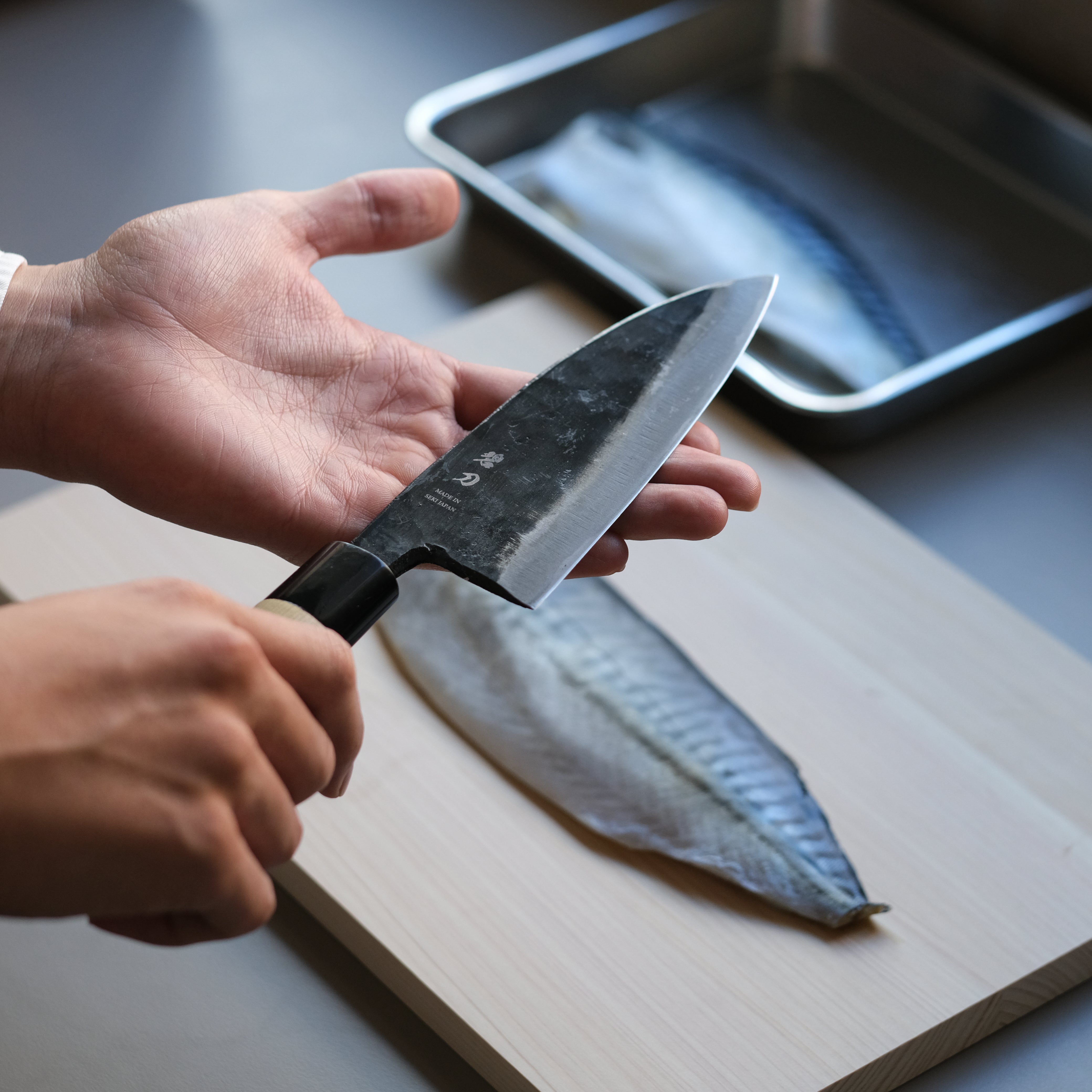 aoba Carbon Steel Kurouchi Deba Knife Magnolia Handle